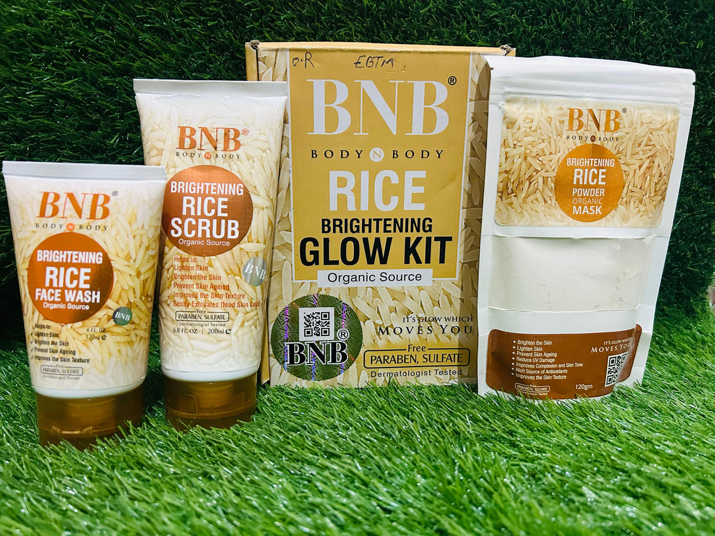 BNB Organic Source Rice Brightening Glow Kit, Face Wash+Scrub+Mask, Paraben and Sulfate Free, Dermatologist-Tested