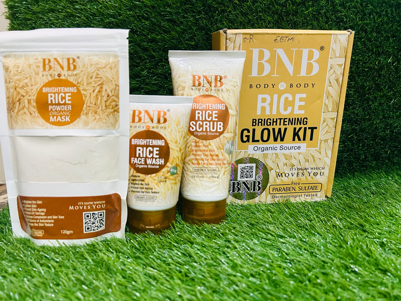 BNB Organic Source Rice Brightening Glow Kit, Face Wash+Scrub+Mask, Paraben and Sulfate Free, Dermatologist-Tested