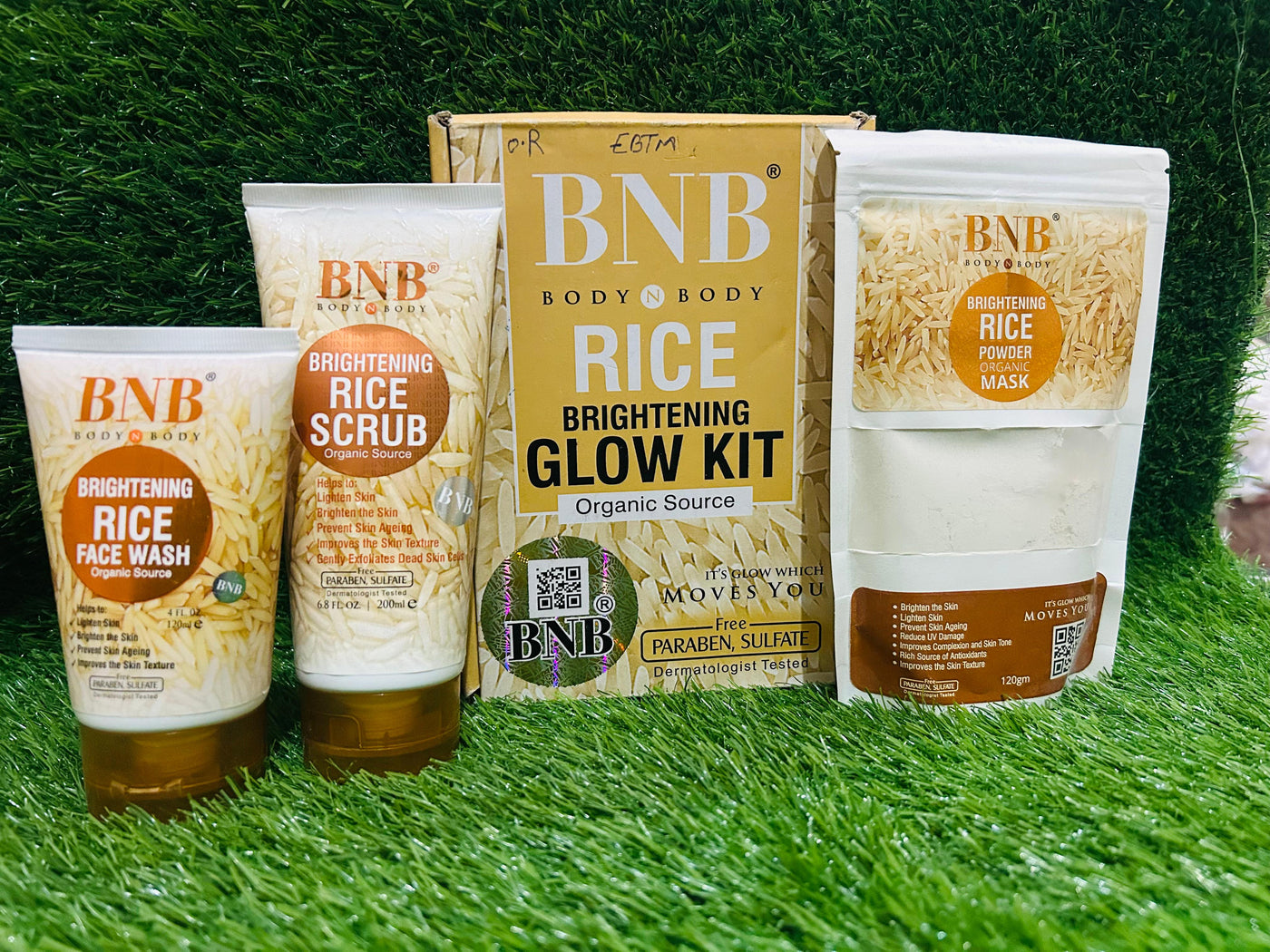 BNB Organic Source Rice Brightening Glow Kit, Face Wash+Scrub+Mask, Paraben and Sulfate Free, Dermatologist-Tested